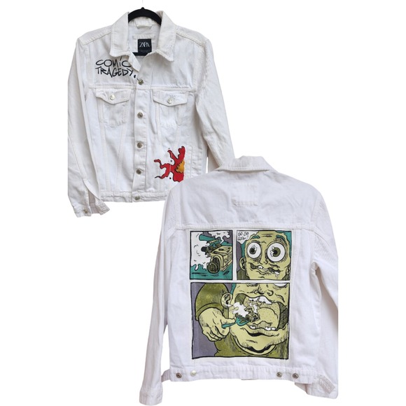 Men's NWT Zara White Denim Jacket Comic Tragedy Small - Picture 1 of 5